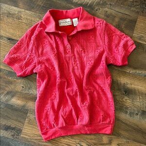 Sarah Bentley Vintage Red Textured Pattern Grandma Polo Shirt